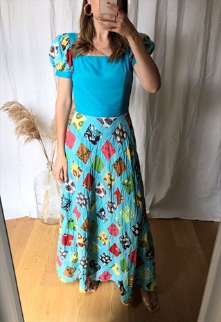 VINTAGE 70S BLUE PATCHWORK COTTON MAXI PRAIRIE DRESS