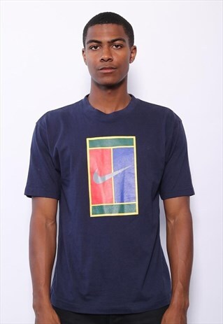 VINTAGE NIKE CHALLENGE COURT BIG LOGO T-SHIRT NAVY BLUE