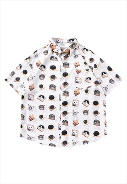 Cat print shirt short sleeve kidcore blouse rave top white