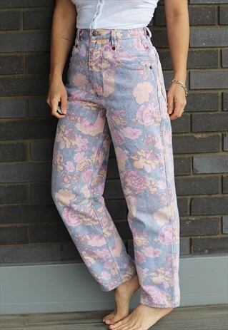 VINTAGE 1990S FLORAL PRINTED HIGH WAISTED JEANS