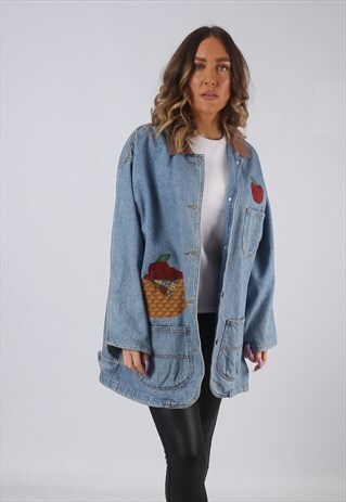 DENIM JACKET EMBROIDERED OVERSIZED LONGLINE LONG UK 16 (LKCW