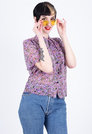 VINTAGE FLORAL PRINT PUSSY BOW BLOUSE TOP 90S