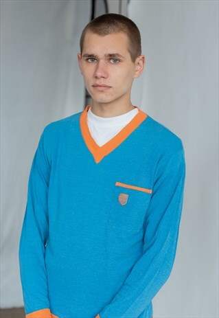 VINTAGE 80S BLUE V-NECK JUMPER WITH ORANGE DETAILS