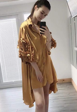FLORAL DESIGN OVERSIZED SLEEVES SHIRT DRESS IN YELLOW
