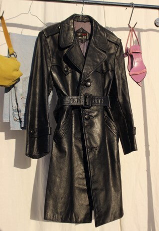 Stunning Vintage 70s Long Black Leather Trench Jacket 