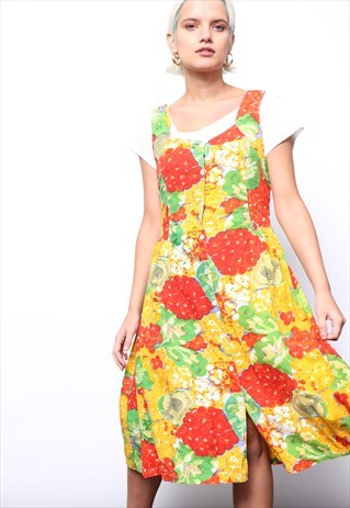 VINTAGE 90S MULTICOLOURED FLORAL PRINT MIDI DRESS