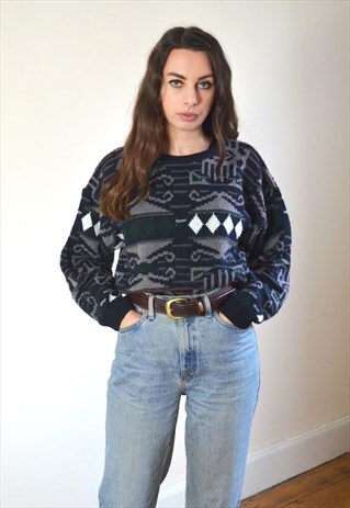 80S VINTAGE BLACK & BROWN ABSTRACT PATTERN KNIT JUMPER