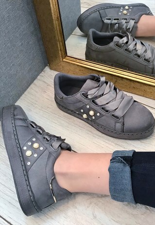 GREY FAUX SUEDE EMBELLISHED CHUNKY TRAINERS