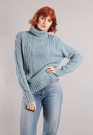VINTAGE 80S BLUE CHUNKY CABLE KNIT POLO ROLL NECK JUMPER