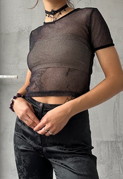 Vintage 90's Y2K Black Silver Chunky Fishnet Mesh Top