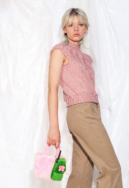 Vintage 90s Vest Handmade Knitted Pink Top