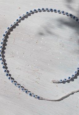Handmade blue/white pearl beaded thin tie belt.