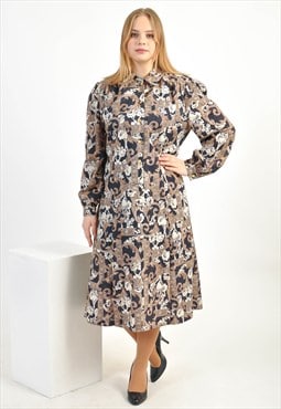 Vintage long sleeve midi dress in abstract print