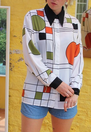 VINTAGE 80'S BRIGHT ABSTRACT PATTERN BLOUSE SIZE 6 8 10 12