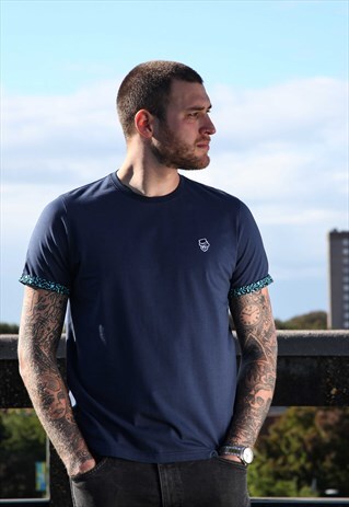 NAVY BLUE TURN UP SLEEVE TSHIRT WITH GREEN FLORAL