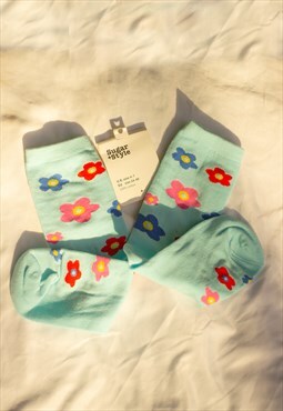 Blue and Rainbow Bold Floral Print Socks