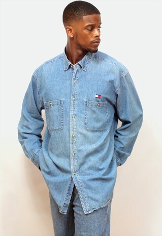 1990'S VINTAGE OVERSIZED TOMMY HILFIGER SHIRT IN DENIM BLUE