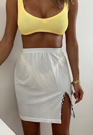 Split Side Beach Mini Skirt in White & Chequers 