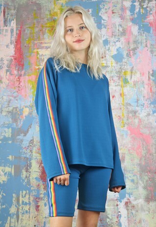 OVERSIZED JUMPER IN BLUE TEXTURED FABRIC WITH RAINBOW TRIM