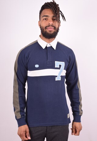 NIKE MENS VINTAGE RUGBY POLO SHIRT LONG SLEEVE SMALL BLUE