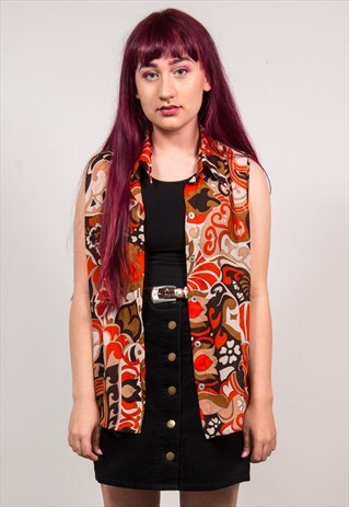 VINTAGE 90'S RED GROOVY PATTERN SLEEVELESS BLOUSE SHIRT