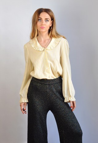 VINTAGE 90S YELLOW & WHITE STRIPE RUFFLE BLOUSE