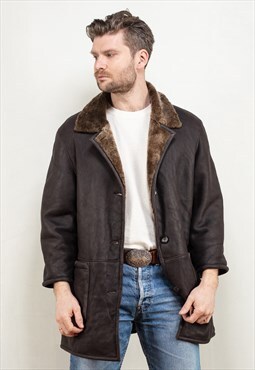 Vintage 90's Men Sheepskin Leather Coat in Dark Brown