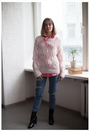 VINTAGE 80'S WHITE ROUND NECK KNITTED JUMPER