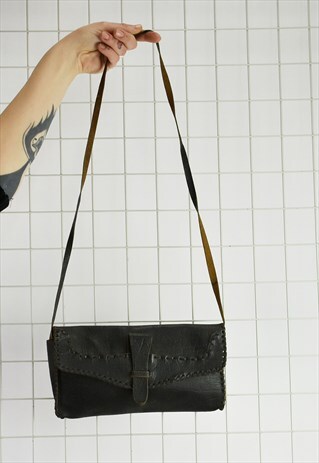 VINTAGE 70S WOVEN DETAIL BLACK LEATHER SHOULDER BAG
