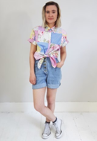 VINTAGE 90'S PASTEL FLORAL STRIPE PATCHWORK SHIRT