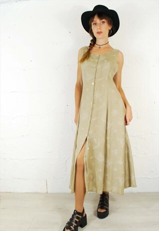 VINTAGE 90S BUTTON DOWN LINEN ROSE SKETCH MAXI DRESS