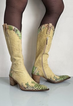 Vintage Y2K iconic snake scale heeled cowgirl boots in green