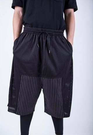 BLACK STRIPED MESH PATCHWORK SPORTS BASKETBALL SHORTS 