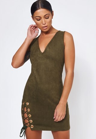 KHAKI SUEDE LACE UP MINI DRESS