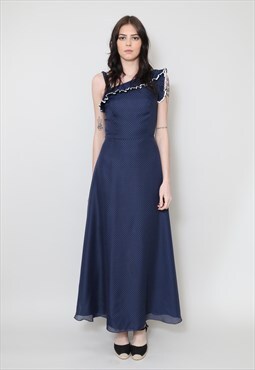 70's Ladies Vintage Dress Blue One Shoulder Polka Dot Maxi