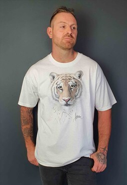 Mens Vintage 90's FOTL Tiger Graphic White T-Shirt 