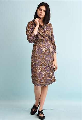 VINTAGE 70'S RETRO PAISLEY PRINT MIDI DRESS