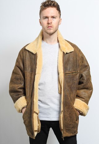 VINTAGE LEATHER AVIATOR FLEECE SHEEPSKIN JACKET COAT