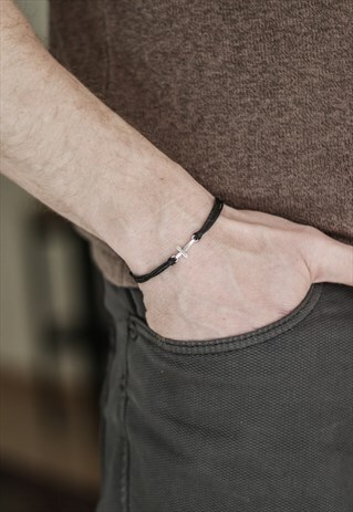 SILVER CROSS BRACELET FOR MEN BLACK CORD CHRISTIAN JEWLERY