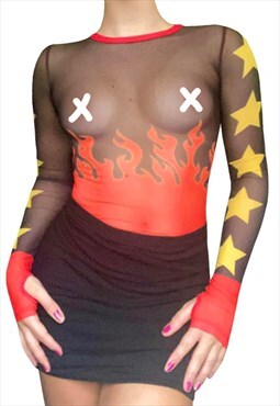 Vintage Y2K 90's/00's Sheer Flame Star Print Neck Bodysuit