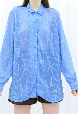 80s Vintage Blue Floral Sheer Shirt Blouse
