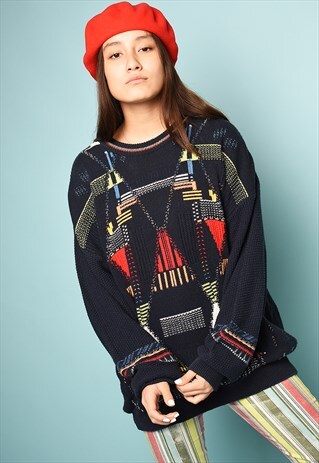 VINTAGE 90'S RETRO ABSTRACT PATTERN KNIT OVERSIZED JUMPER