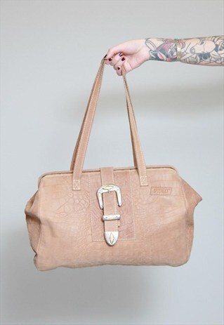 VINTAGE 1980'S CARAMEL BROWN SUEDE BUCKLED HANDBAG