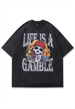 Pirate print t-shirt skull tee bones top gamble slogan grey