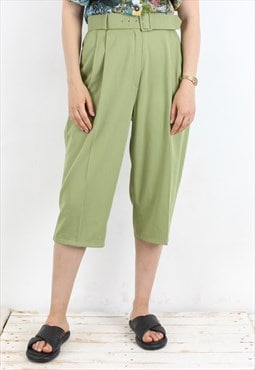 Capri Cropped Pants Belted Trousers Olive Green Zip Fly