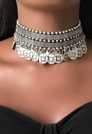 CHOKER NECKLACE TRIBAL COINS SILVER