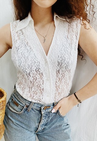 VINTAGE 90S SEXY LACE GUIPURE SHEER BLOUSE TOP WHITE