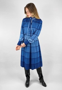 80's Vintage Blue Long Sleeve Blue Pussy Bow Dress 