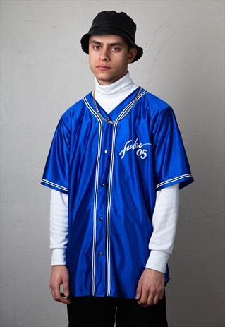 VINTAGE SHINY BLUE FUBU BASEBALL JERSEY . UNISEX