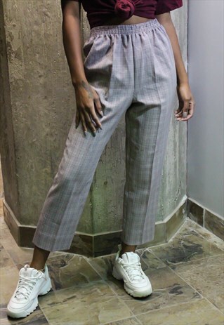 VINTAGE BROWN PLAID HIGH WAIST CROPPED LEG TROUSERS 90S